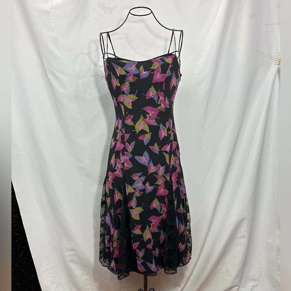 Y2K Betsey Johnson New York silk black leaf print midi dress size 6 - Picture 5 of 13